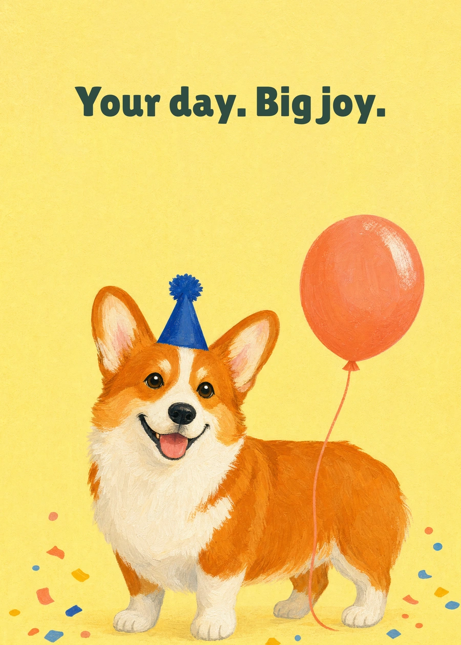 Confetti Corgi greeting card artwork: Your day. Big joy.