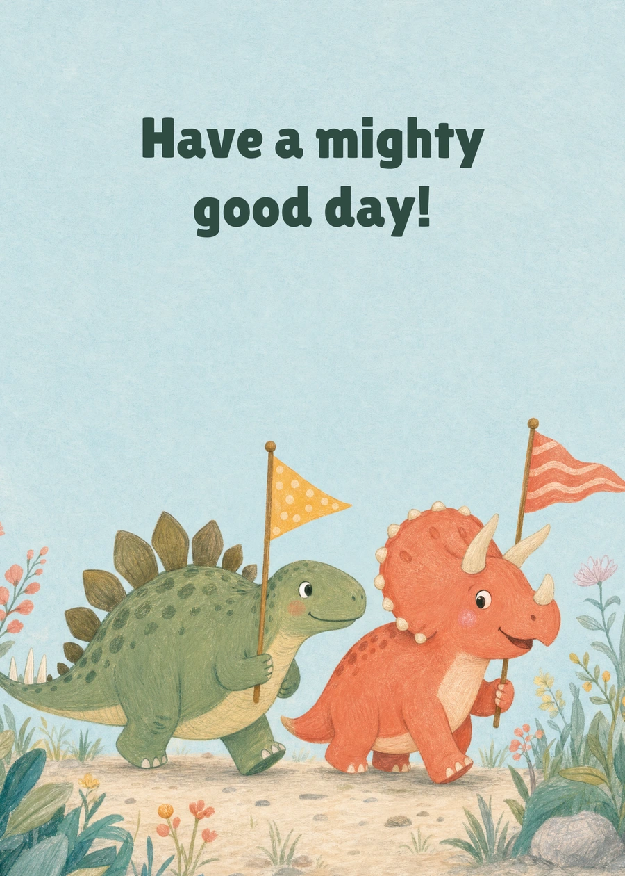 Dinosaur Parade greeting card artwork: Have a mighty good day!