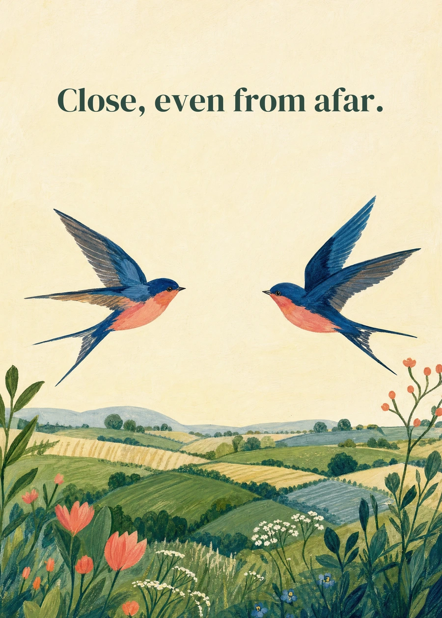Two swallows flying above green fields on a friendship card