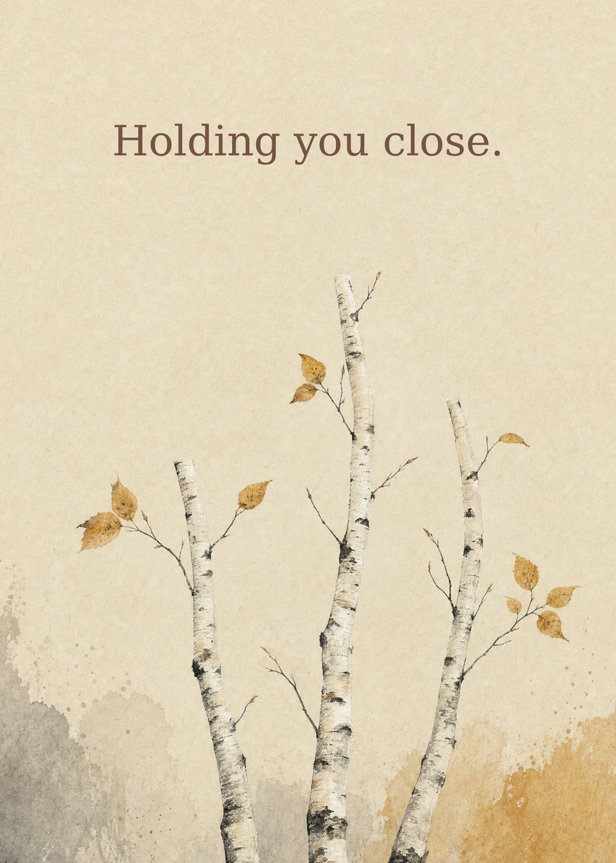 Personalized Silver Birch Quiet Greeting Card front with example wording: Holding you close.