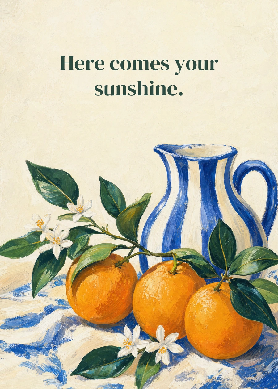 Personalized Sunny Citrus Greeting Card front with example wording: Here comes your sunshine.