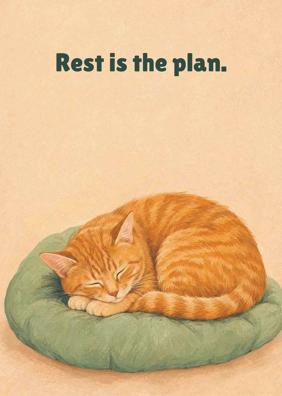 Personalized Resting Cat Club Greeting Card front with example wording: Rest is the plan.