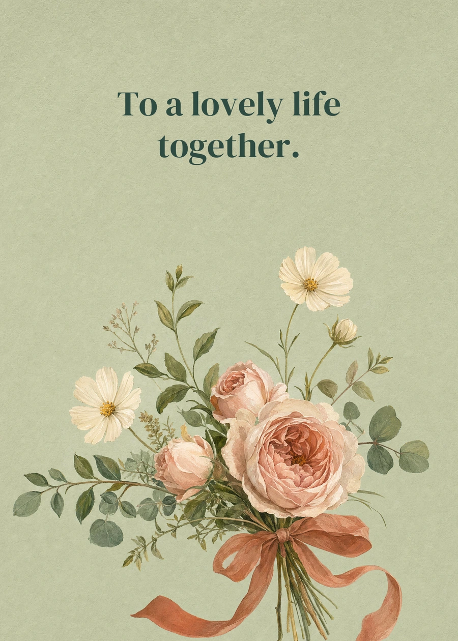 Personalized Ribbon and Wild Roses Greeting Card front with example wording: To a lovely life together.