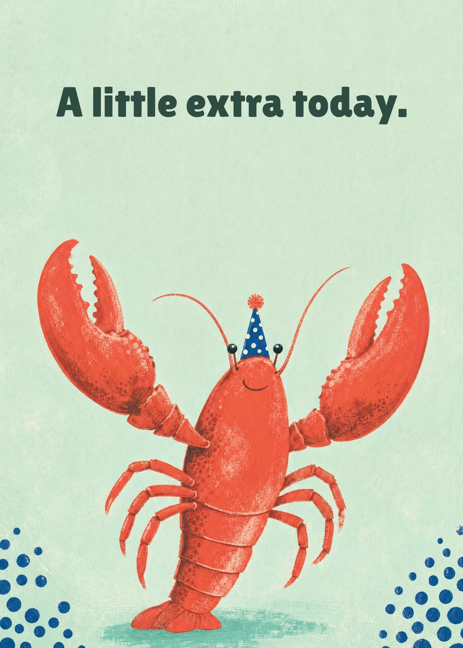 Personalized Party Lobster Greeting Card front with example wording: A little extra today.