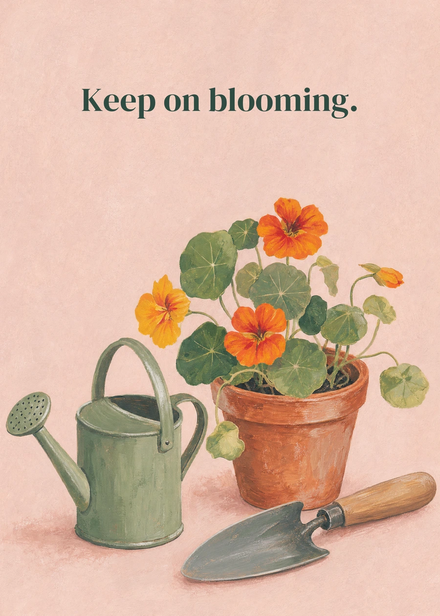 Personalized Another Year in the Garden Greeting Card front with example wording: Keep on blooming.