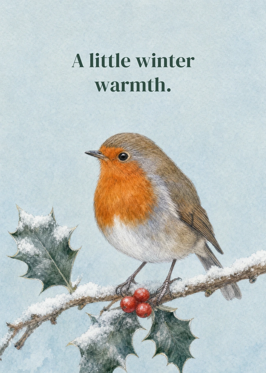 Personalized A Robin in Winter Greeting Card front with example wording: A little winter warmth.