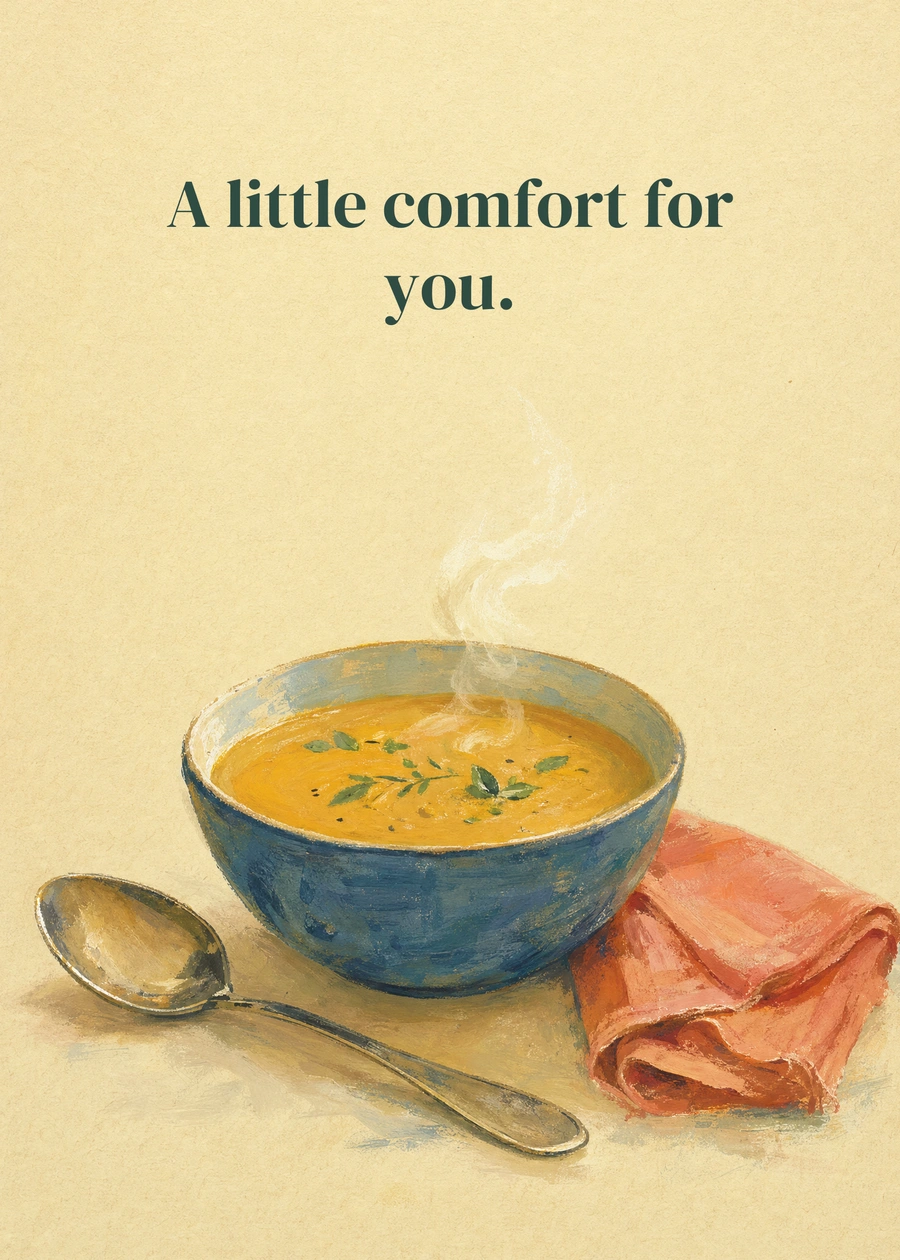 Personalized A Little Bowl of Comfort Greeting Card front with example wording: A little comfort for you.