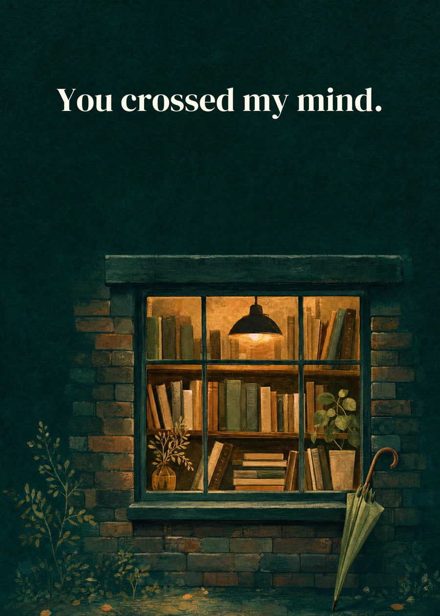 Personalized Rainy Bookshop Greeting Card front with example wording: You crossed my mind.