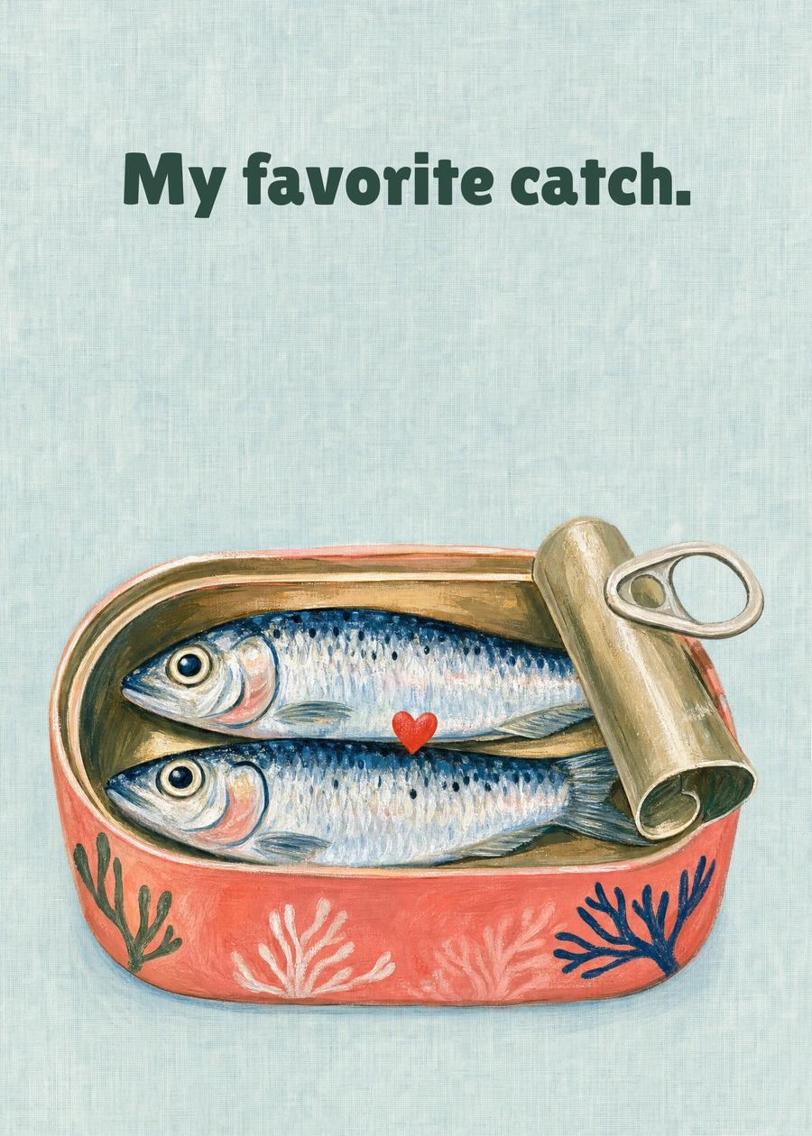 Personalized Sardine Sweethearts Greeting Card front with example wording: My favorite catch.