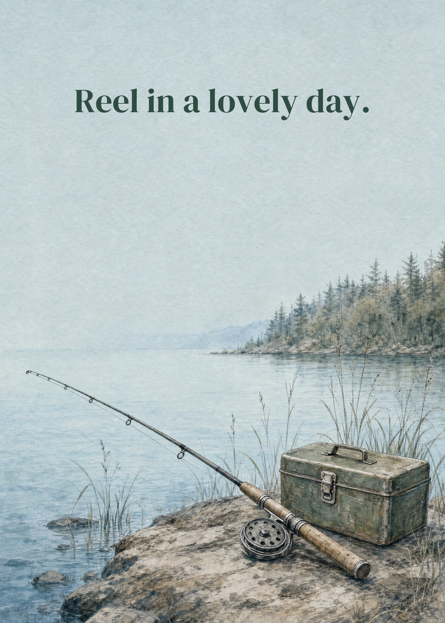 Personalized The Perfect Fishing Day Greeting Card front with example wording: Reel in a lovely day.