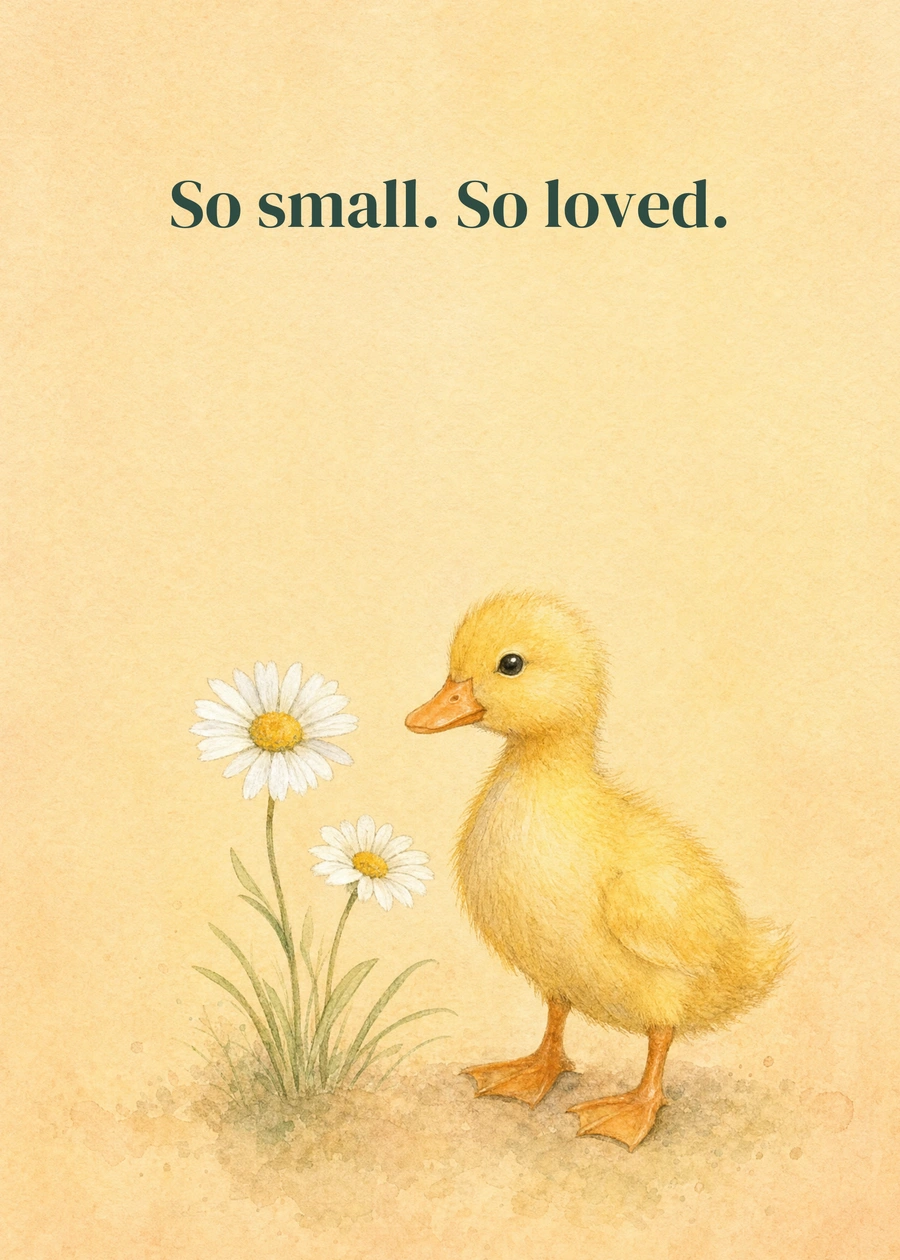 Personalized Welcome, Little Duckling Greeting Card front with example wording: So small. So loved.