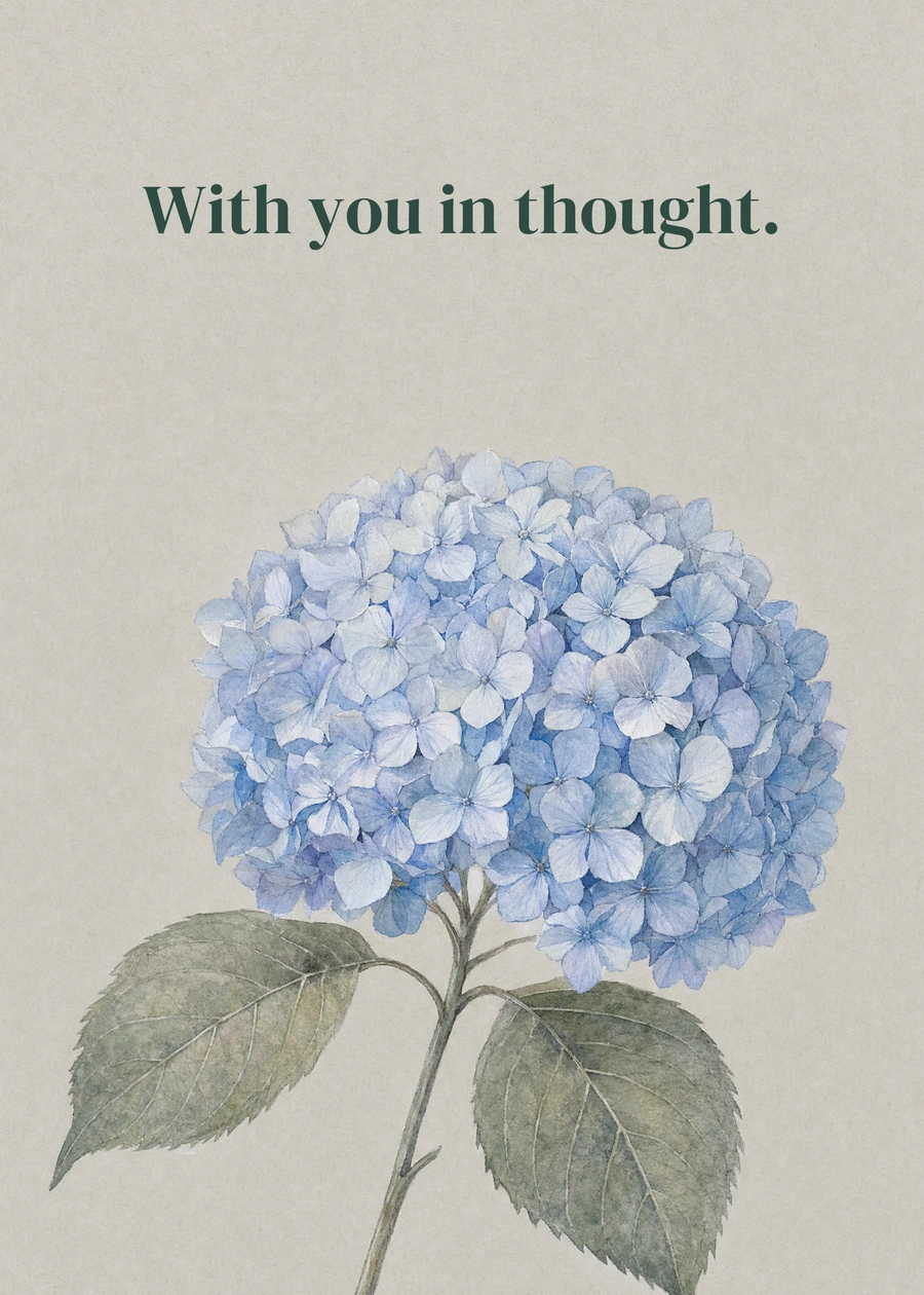 Personalized Blue Hydrangea Remembrance Greeting Card front with example wording: With you in thought.