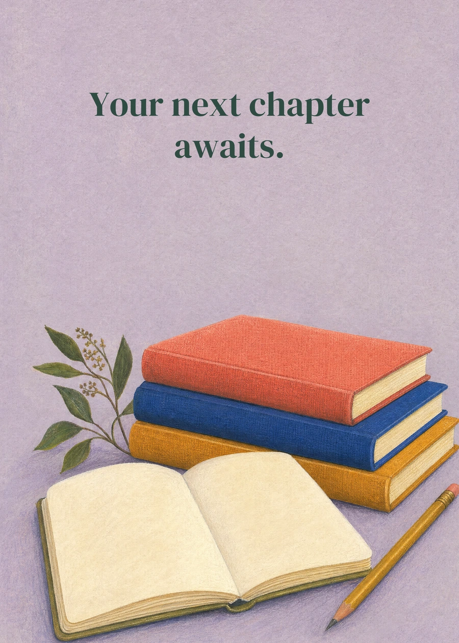 Personalized The Next Good Chapter Greeting Card front with example wording: Your next chapter awaits.