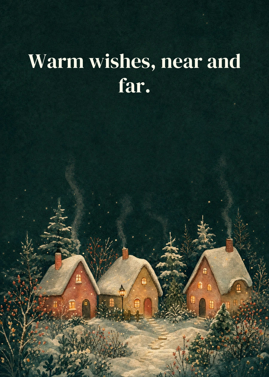 Personalized Winter Windows Greeting Card front with example wording: Warm wishes, near and far.
