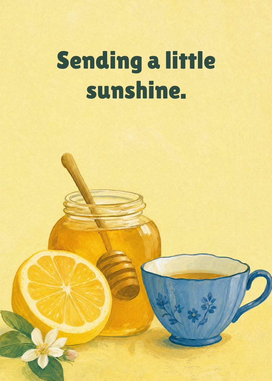 Personalized Lemon and Honey Greeting Card front with example wording: Sending a little sunshine.