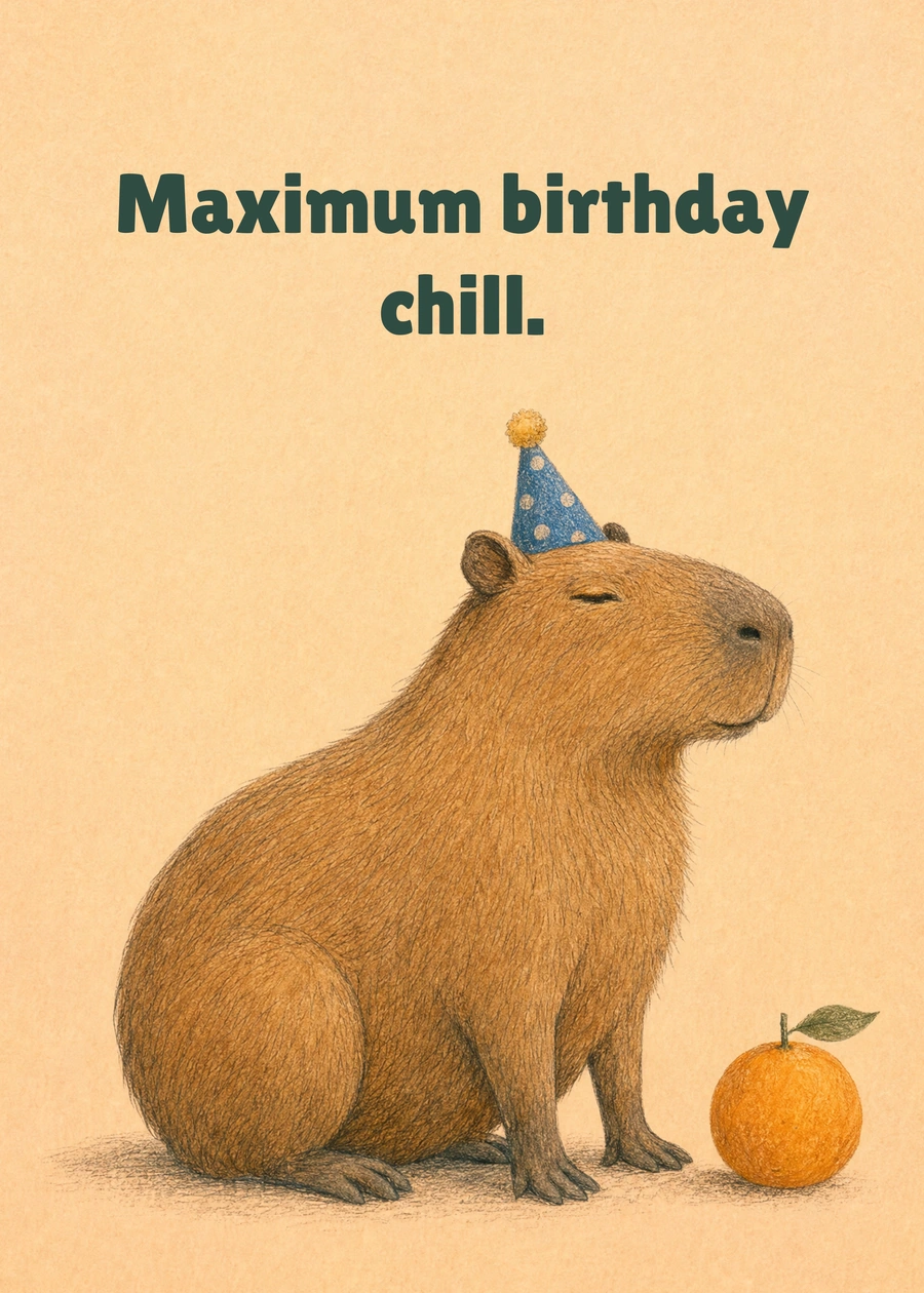 Personalized Capybara Birthday Club Greeting Card front with example wording: Maximum birthday chill.