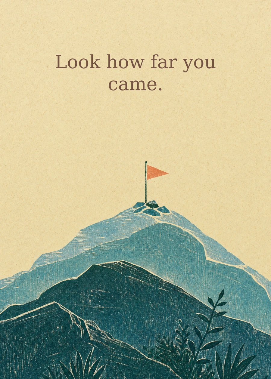 Personalized On Top of the World Greeting Card front with example wording: Look how far you came.