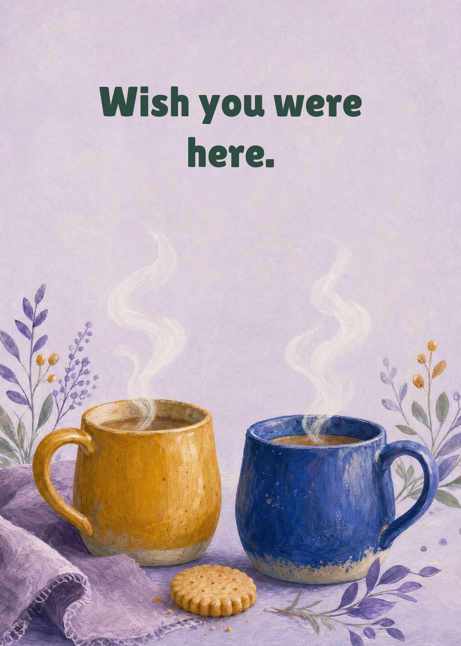 Personalized A Cup of Company Greeting Card front with example wording: Wish you were here.