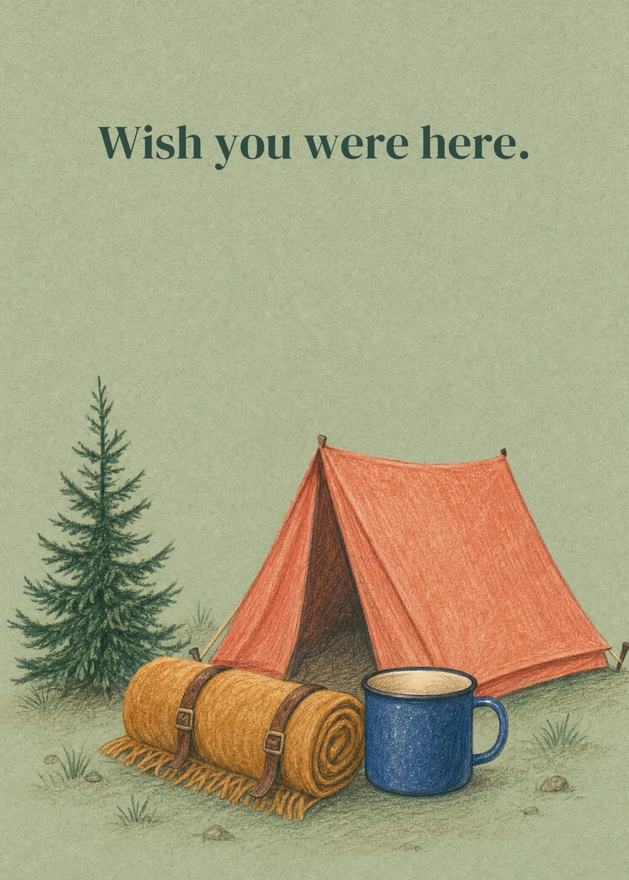 Personalized Somewhere Quiet Greeting Card front with example wording: Wish you were here.