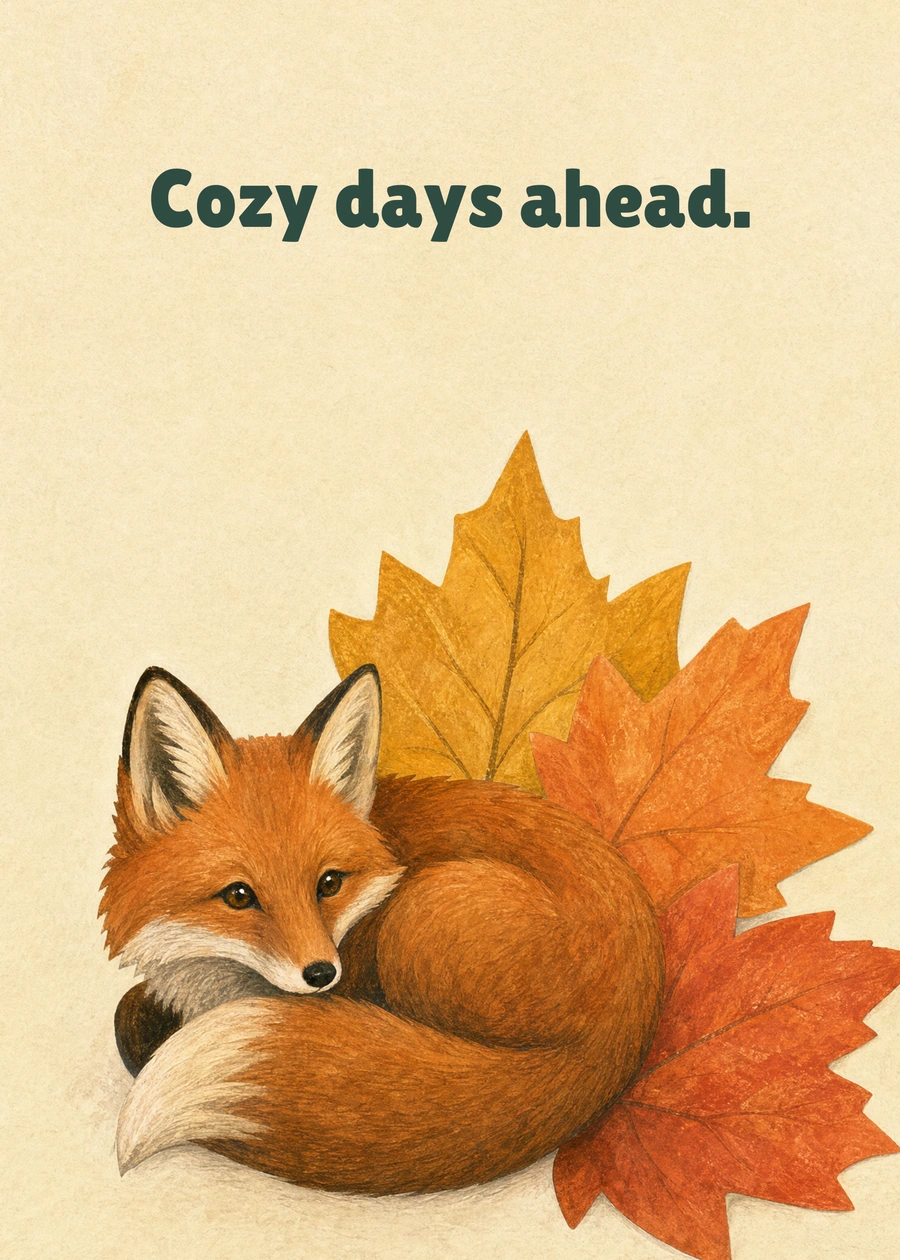 Personalized An Autumn Kind of Hello Greeting Card front with example wording: Cozy days ahead.
