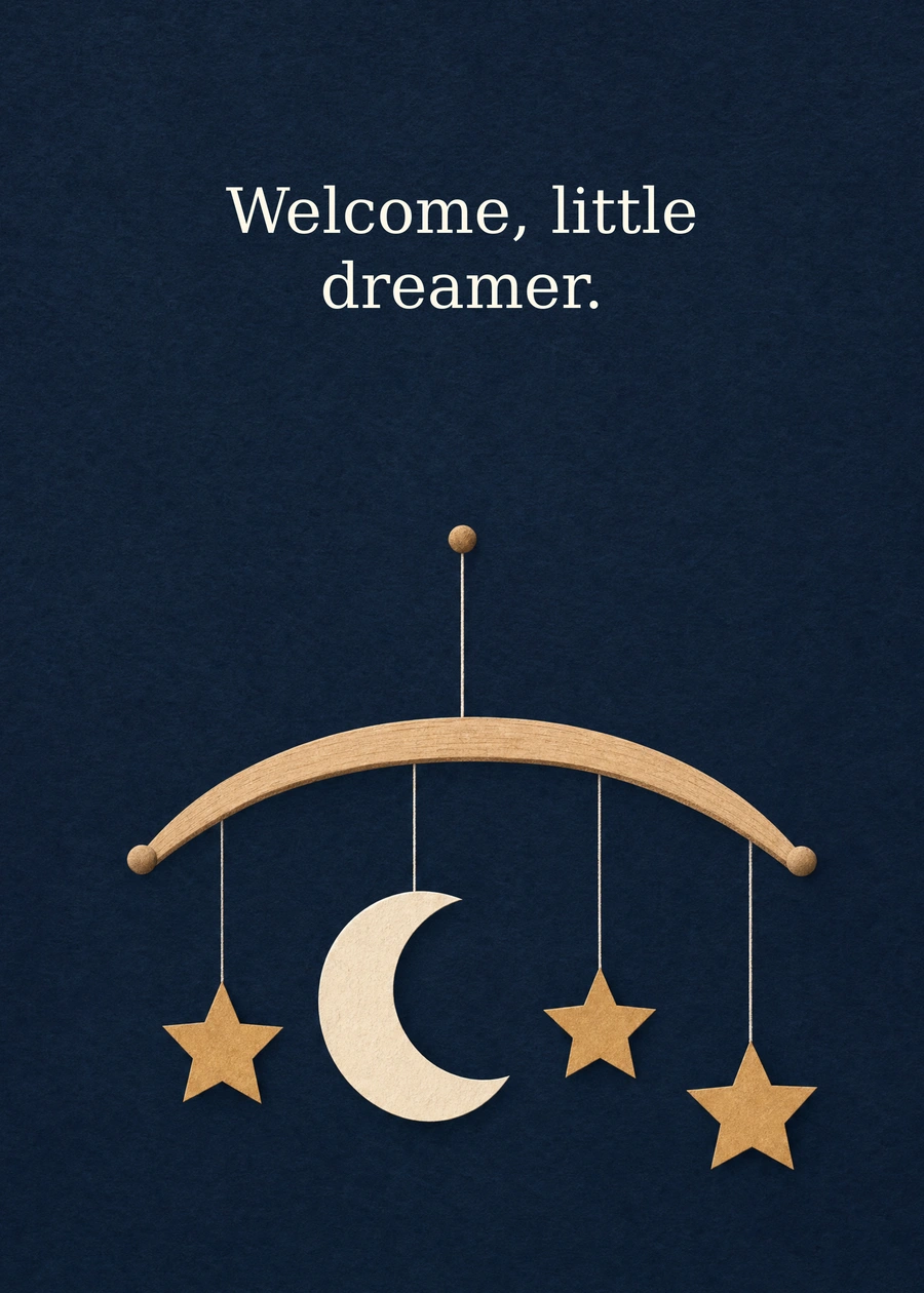 Personalized A Little Sky of Dreams Greeting Card front with example wording: Welcome, little dreamer.