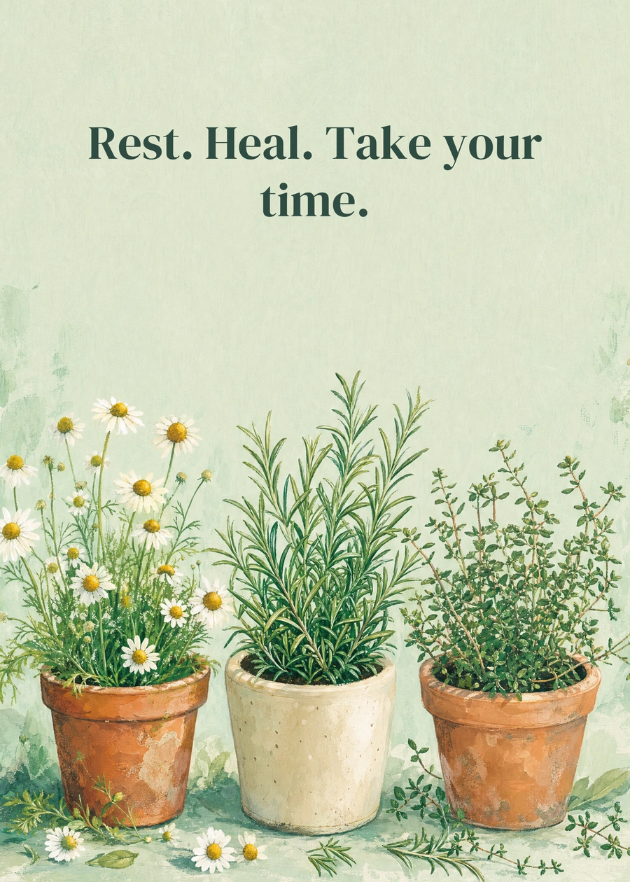 Personalized A Little Healing Garden Greeting Card front with example wording: Rest. Heal. Take your time.