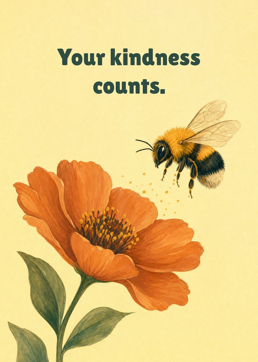 Personalized Bee Kind Greeting Card front with example wording: Your kindness counts.