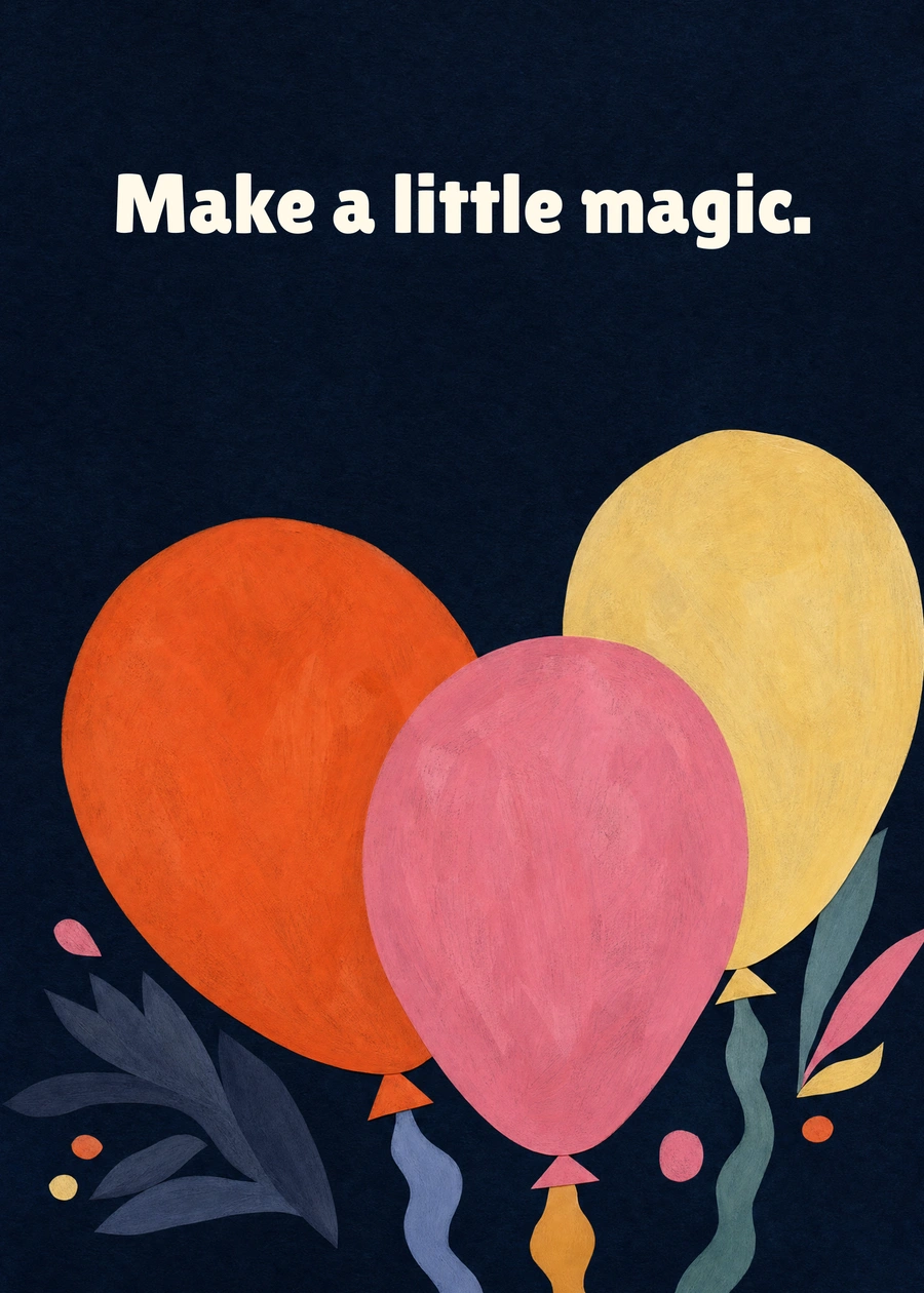 Personalized Midnight Balloons Greeting Card front with example wording: Make a little magic.