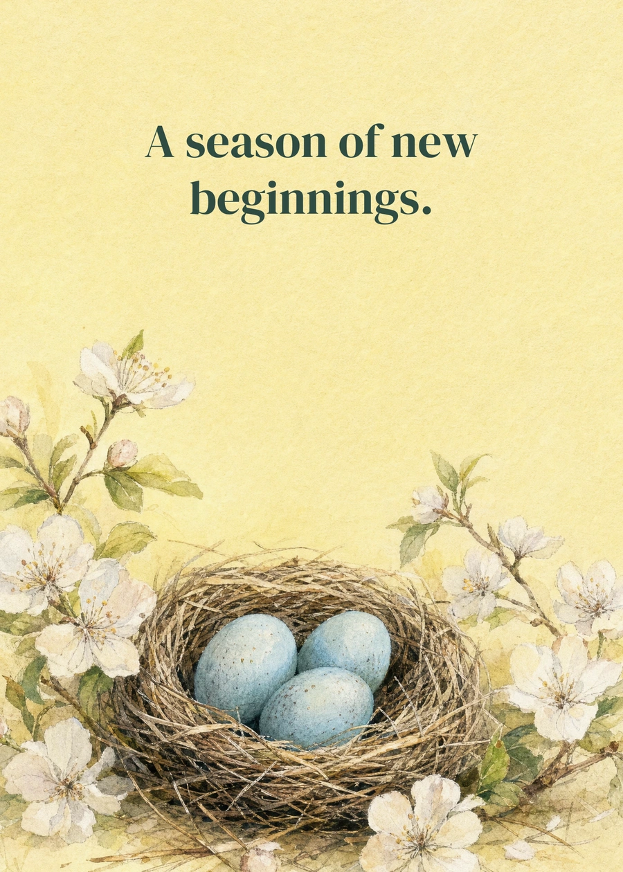 Personalized Spring, Softly Greeting Card front with example wording: A season of new beginnings.