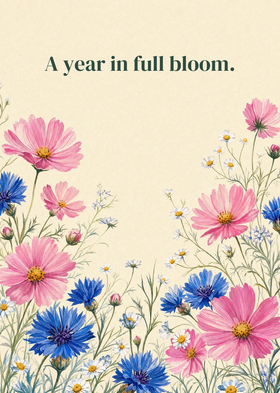 Personalized Wildflower Birthday Greeting Card front with example wording: A year in full bloom.
