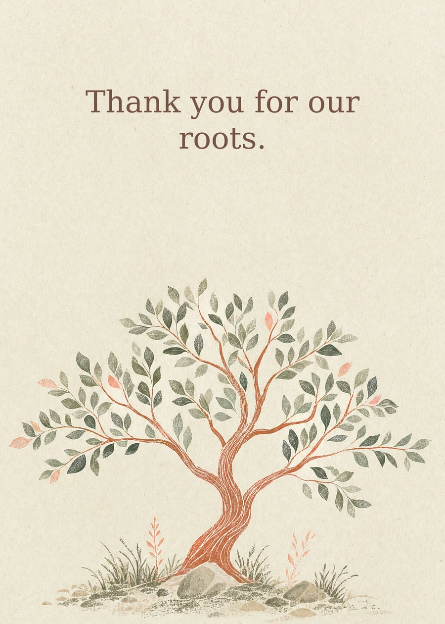 Personalized Our Little Family Tree Greeting Card front with example wording: Thank you for our roots.