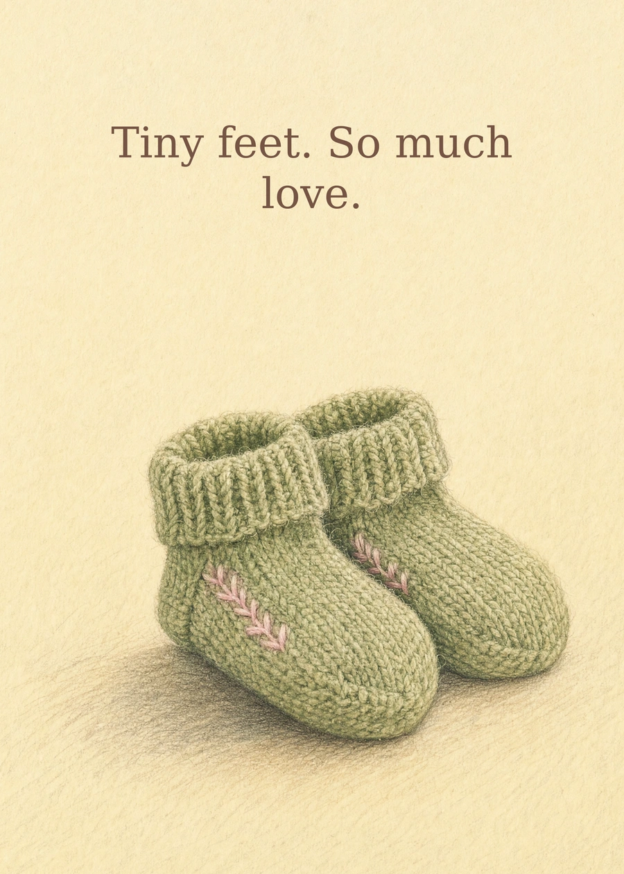 Personalized Tiny Socks, Big Love Greeting Card front with example wording: Tiny feet. So much love.