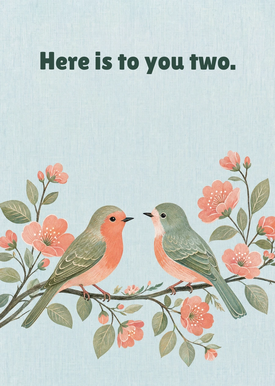 Personalized Two Little Lovebirds Greeting Card front with example wording: Here is to you two.