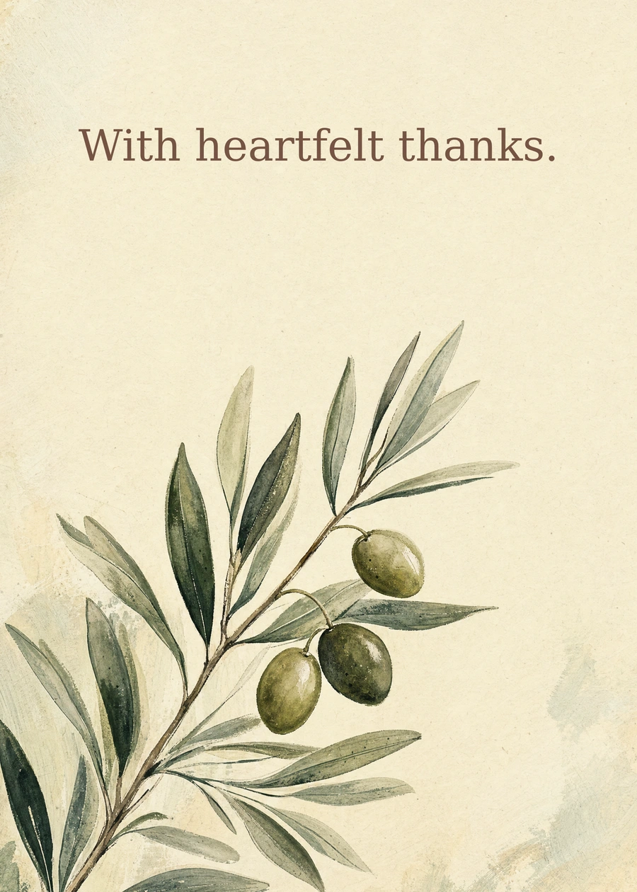 Personalized An Olive Branch Greeting Card front with example wording: With heartfelt thanks.
