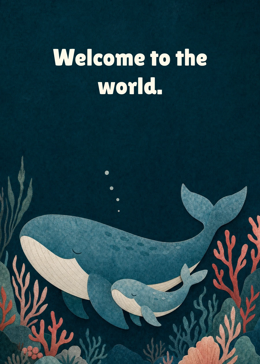 Personalized Welcome, Little Whale Greeting Card front with example wording: Welcome to the world.
