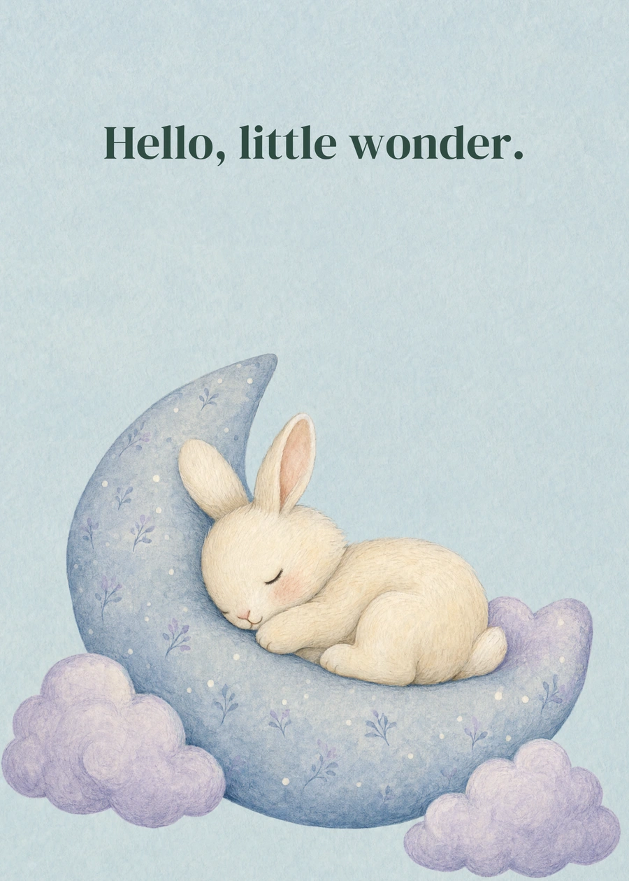 Personalized Moonlit Little Bunny Greeting Card front with example wording: Hello, little wonder.