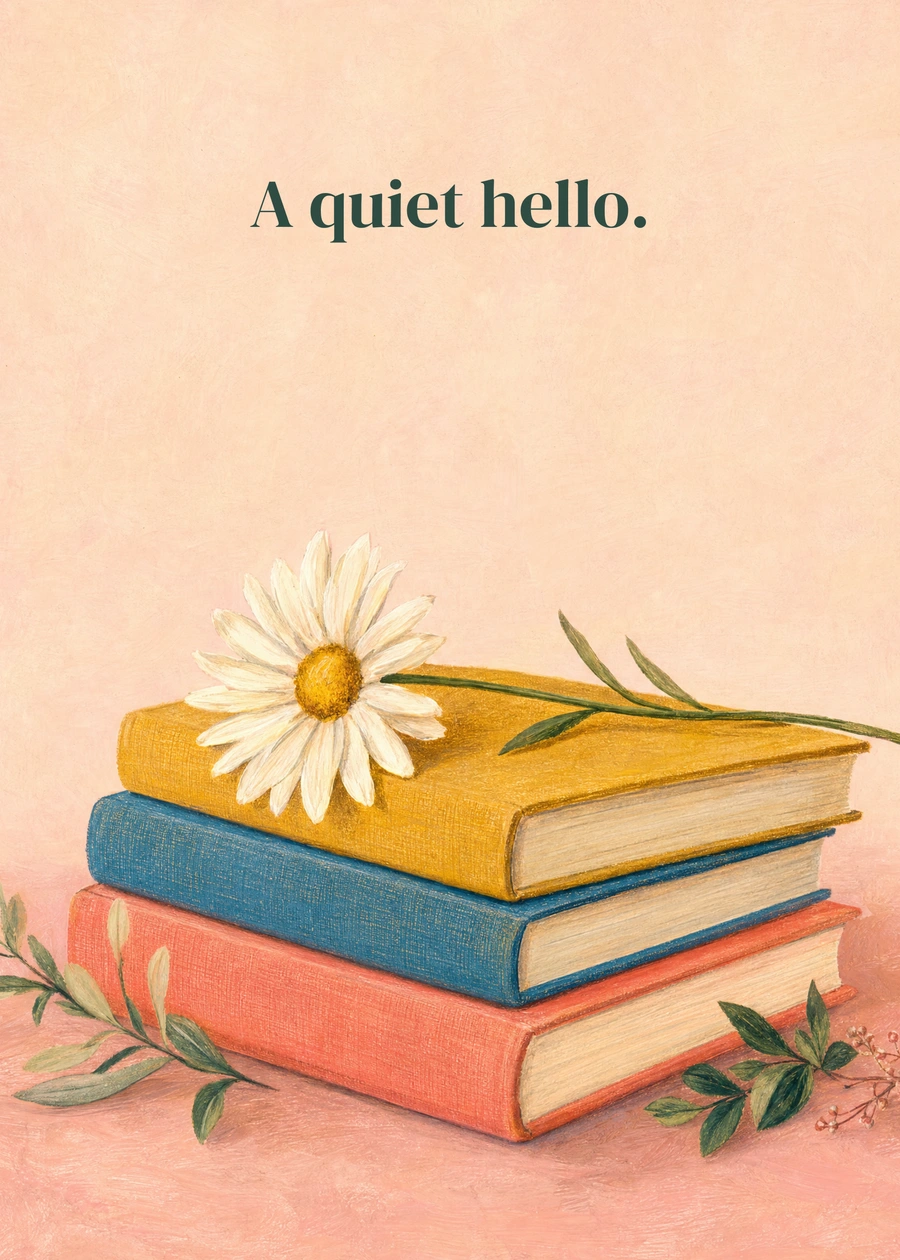 Personalized Bookish Afternoon Greeting Card front with example wording: A quiet hello.